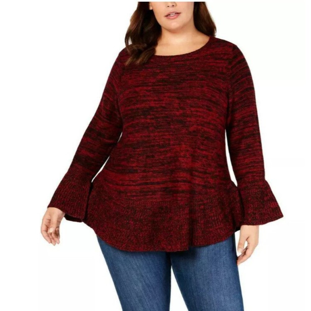 Style & Co Sweater Tunic Top Plus Size 1X Red Ruffle Ribbed Hem Bell Sleeve